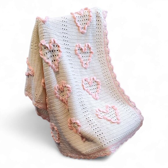 Vintage Handmade Baby Blanket for Girls White Pink Hearts Nursery Knit Throw - Picture 5 of 8